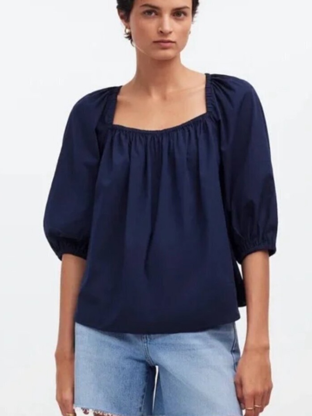 Madewell Navy Square-Neck Peasant Top with Tie Back